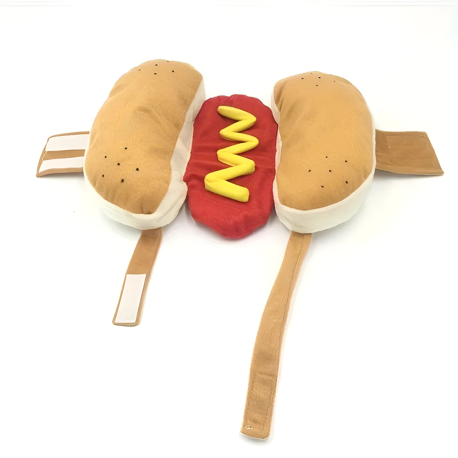 Brown and beige stuffed hot dog costume on a small dog, showing S M L sizes for pet parties.