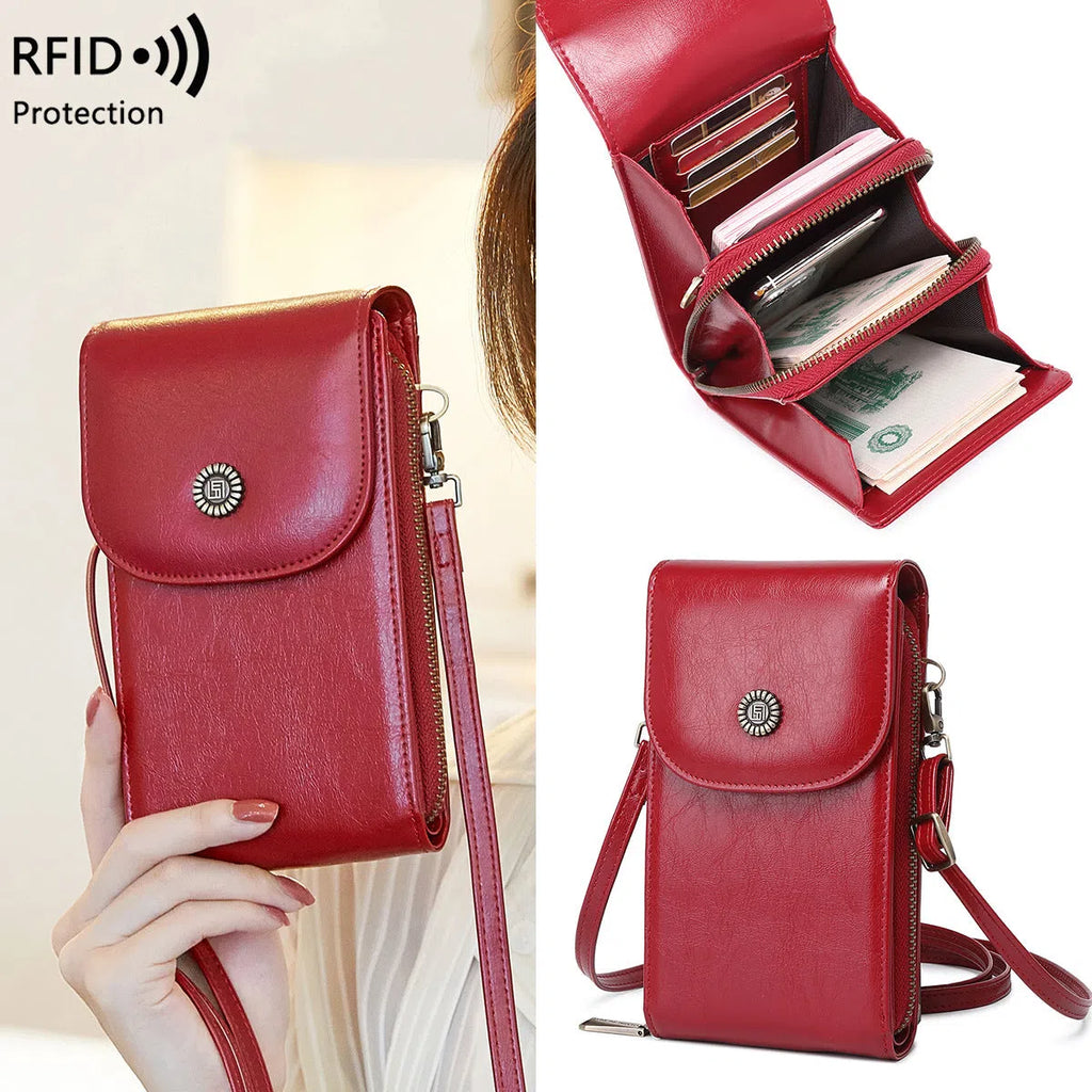 Anti-magnetic phone bag retro wax leather crossbody case with card slot in black
