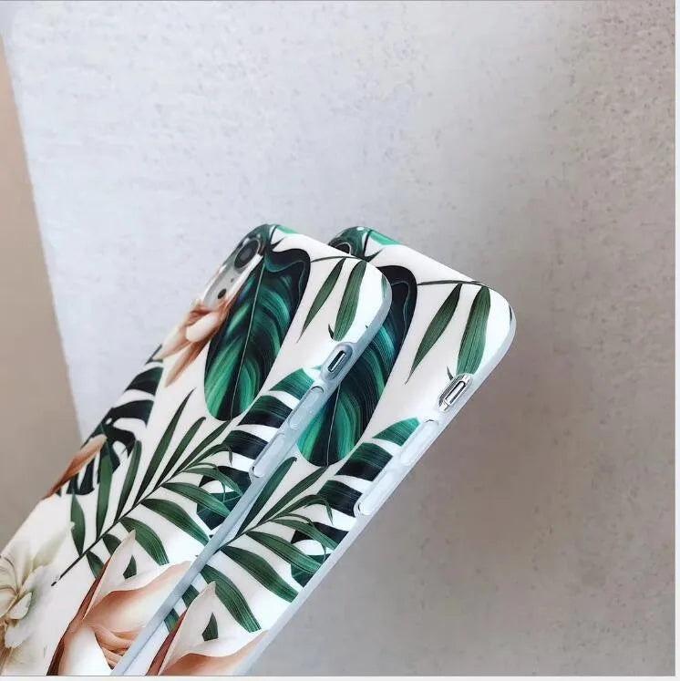 Floral banana leaf art soft TPU phone case for iPhone on white background