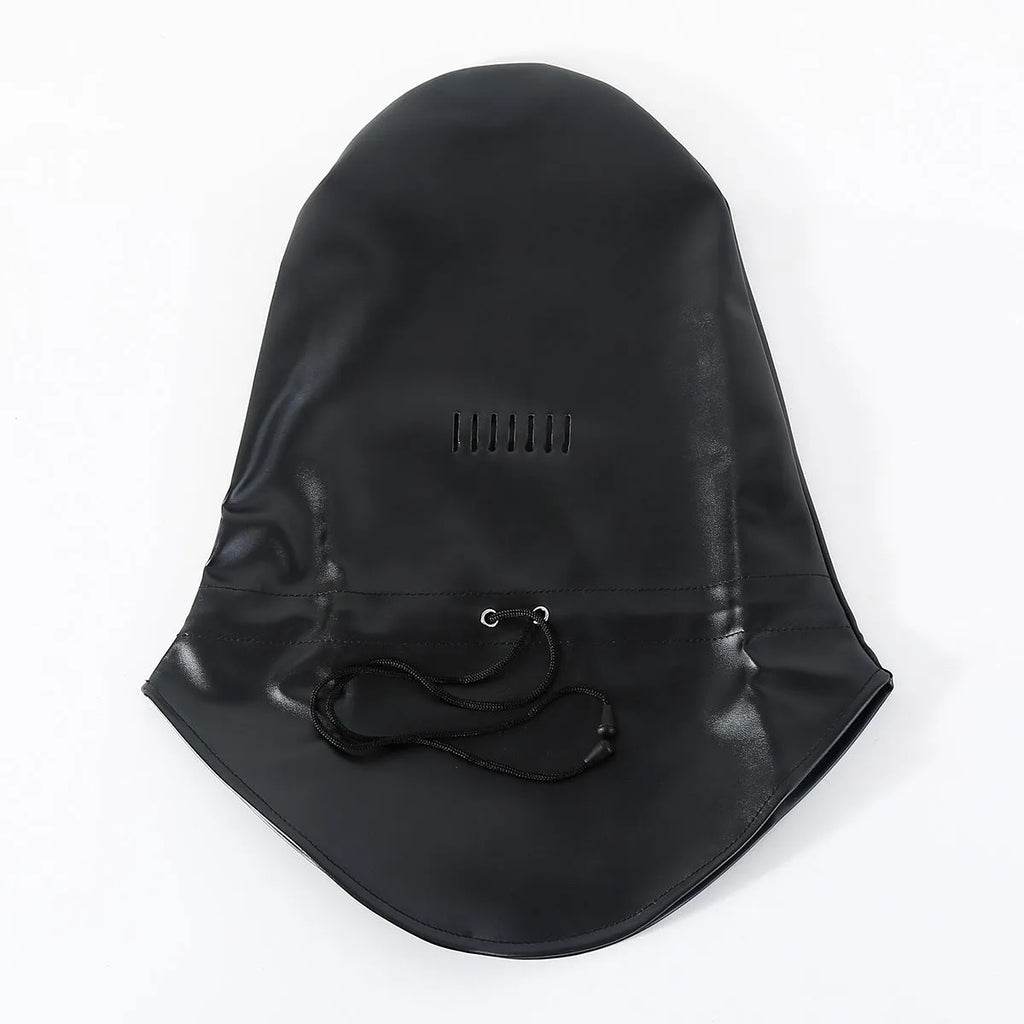 Black PU leather breathable training mask with facial openings and headgear-style adjustable straps