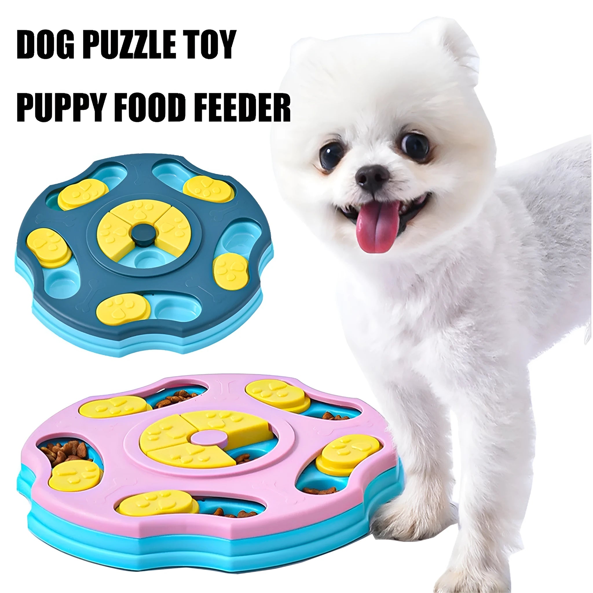 Blue dog puzzle feeder toy with interactive search-and-reward design for mental stimulation and slower eating.