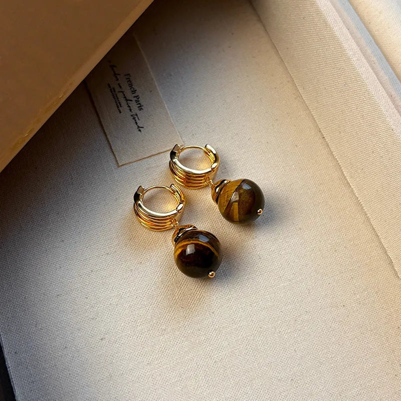 Brown Tigereye stone geometric circle earrings with gold plated Maillard chain in French retro style