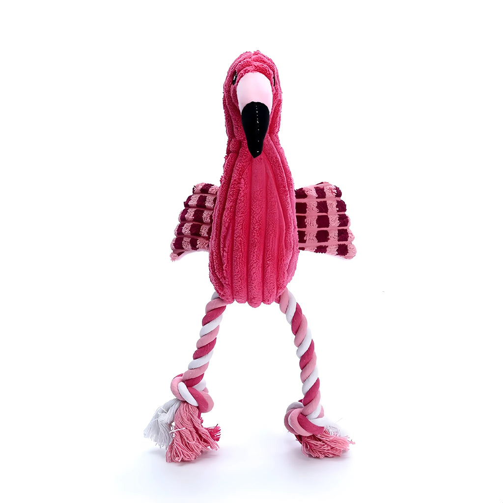 Pink corduroy animal-shaped squeaky dog toy showing elephant, owl, and giraffe designs