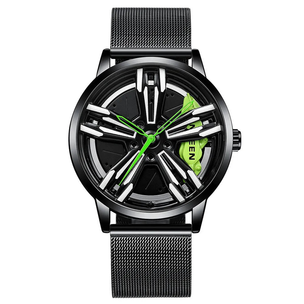 Locomotive men's quartz watch with hollow car wheel dial, black steel case, and white steel band on a wrist.