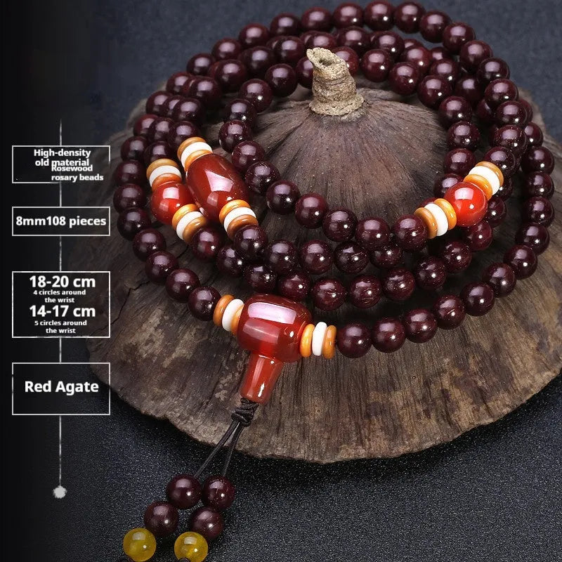 Men's rosewood bracelet with 108 beads, showing 6mm and 8mm size options alongside styles like lapis lazuli and turquoise.