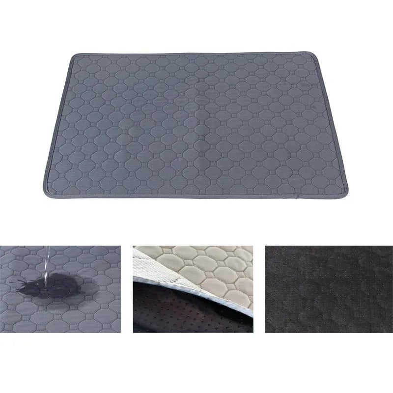 Pack of grey and tan washable, reusable dog pee pads in various sizes on a wooden floor.