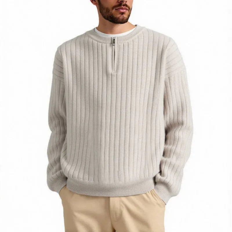 Men's grey loose-fit half zip textured knit sweater on a hanger