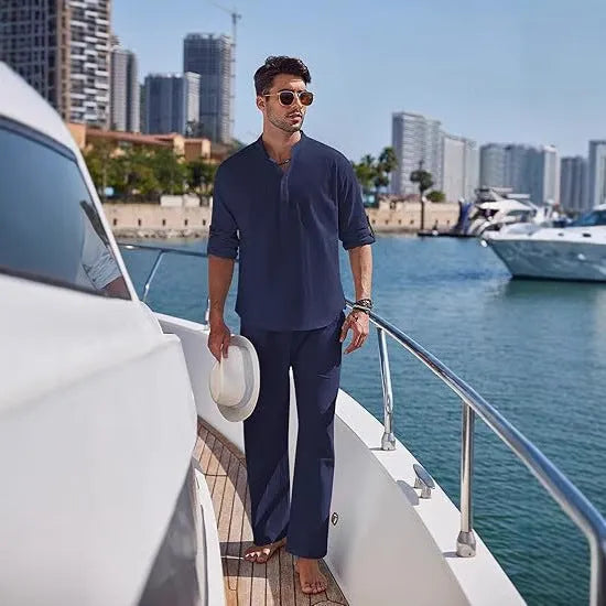 Men's casual cotton trousers suit in a solid colour, showing long sleeve top and matching trousers