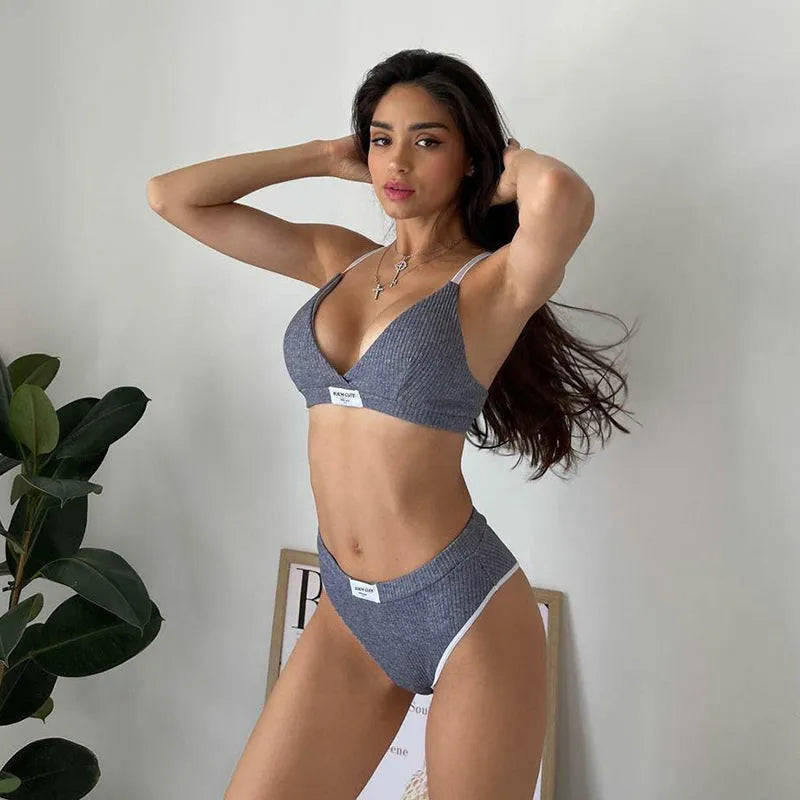 Women's grey embroidered contrast colour binding letters bikini set on a white background