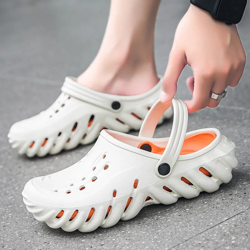 Men's beige EVA slippers sandals with hollow-out design and round toe