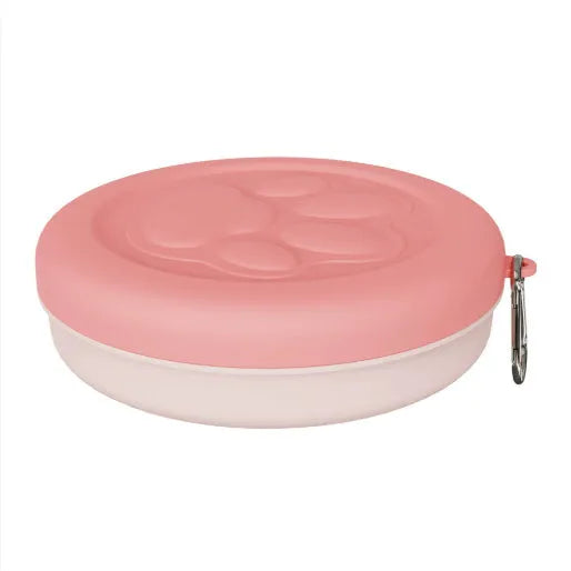 Portable dog bowl with removable lid in light pink and green colour options showing small and large size variants