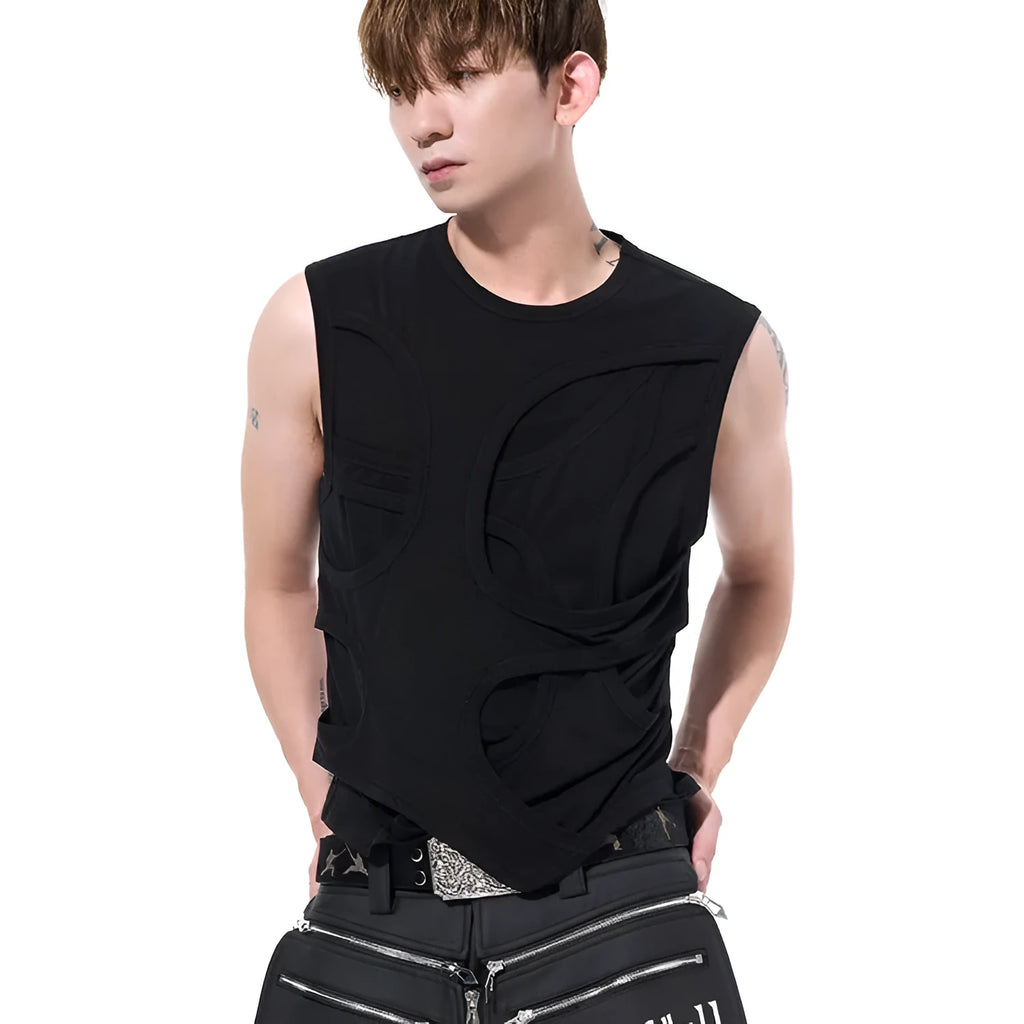 Men's solid colour lyocell vest in black, showing round neck and tank-top style on a hanger.