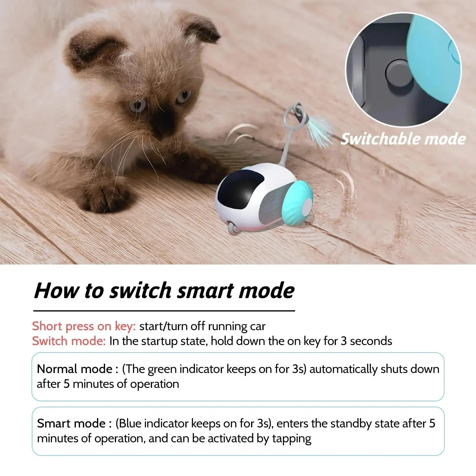 Smart cat toy car with remote control in blue colour showing feather teaser attachment and USB charging port