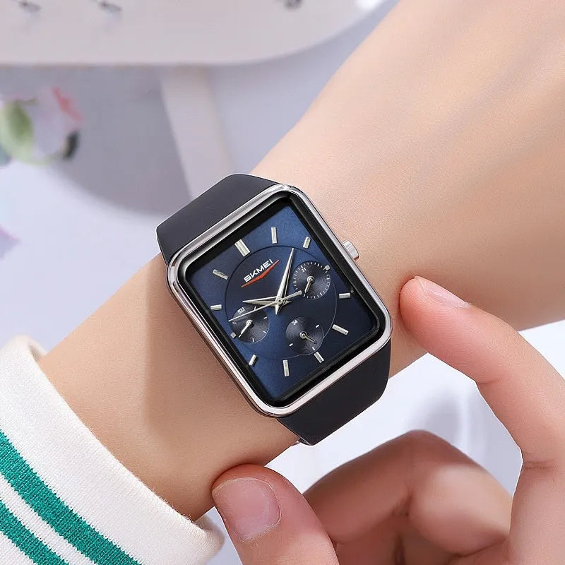 Square silicone waterproof watch for girls in multiple colour options on a wrist.