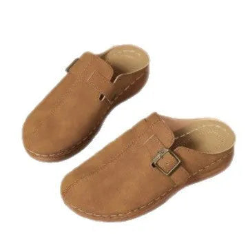 Women's casual wedge slipper in light brown with cloth upper and rubber sole