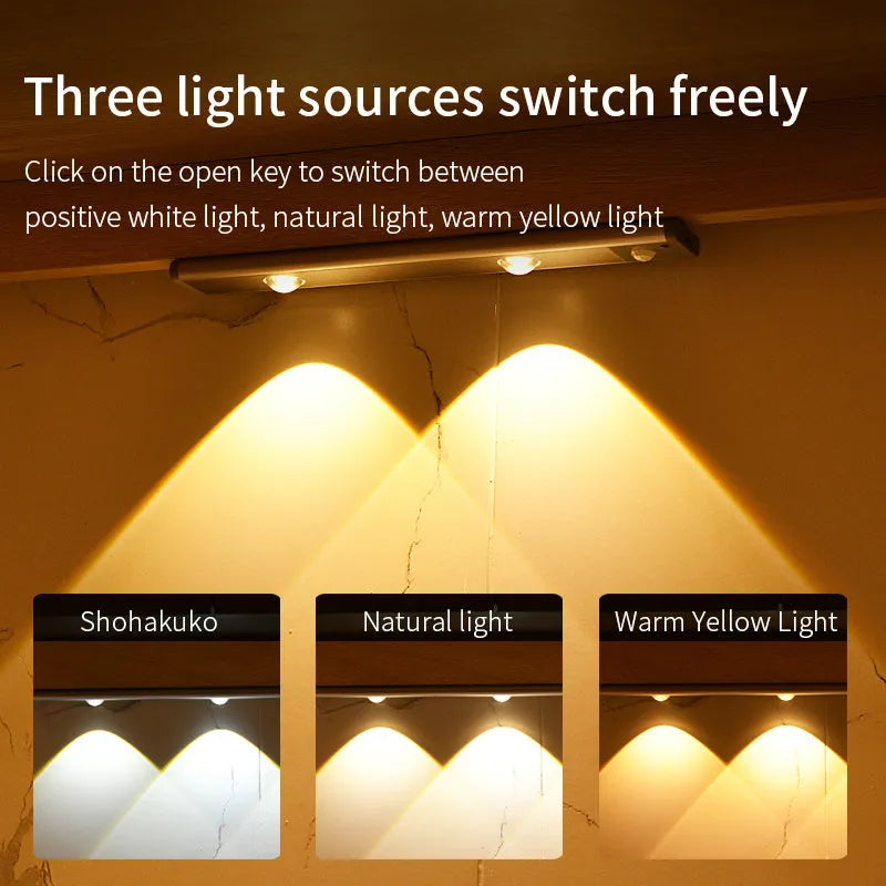 Rechargeable motion sensor lamp with aluminium body and magnetic mount for under-cabinet use, three colour temperature LED