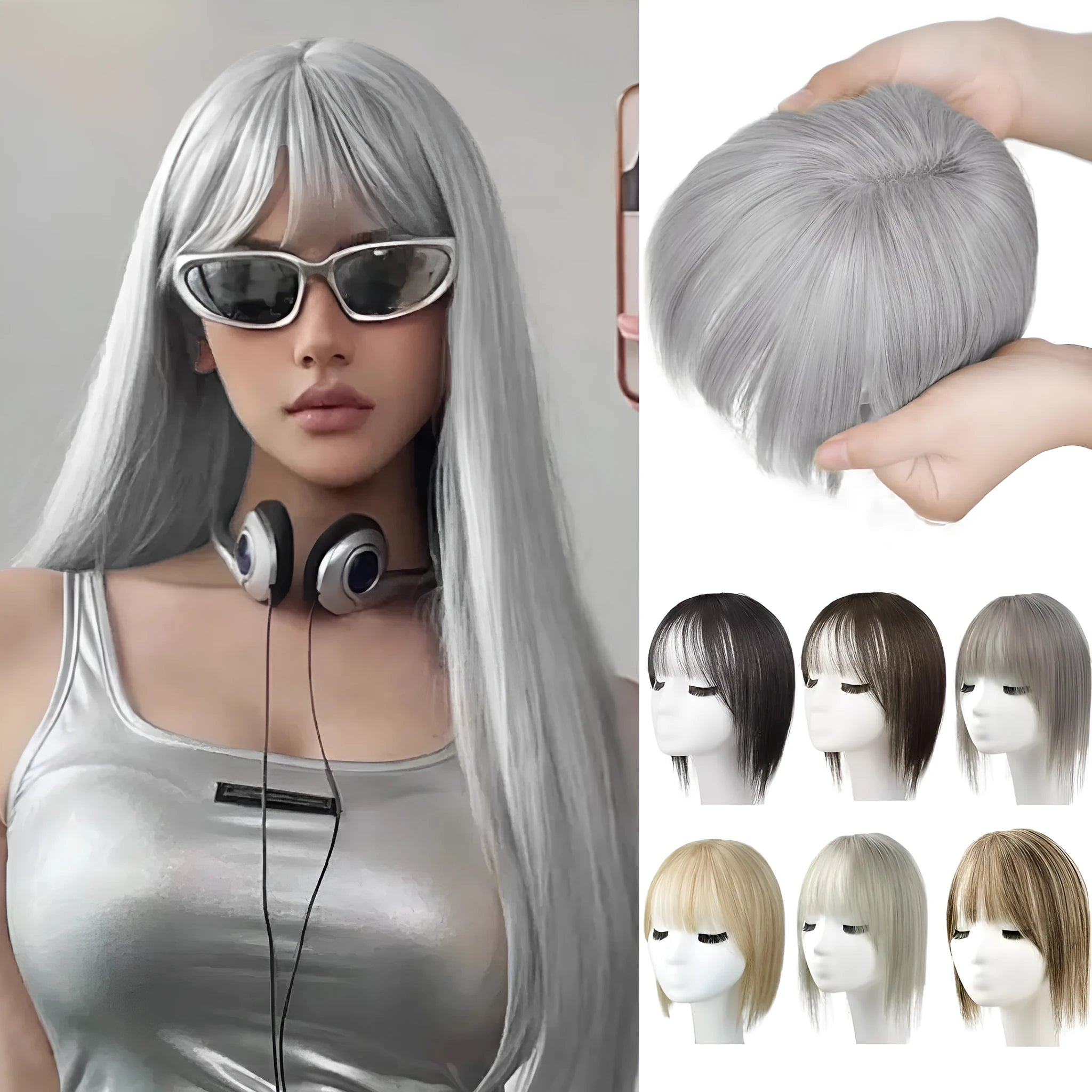 Women's hand-woven high temperature fibre wig natural lightweight breathable cover grey hair invisible cap
