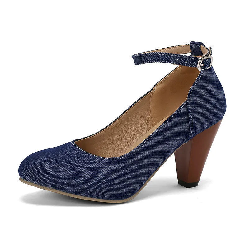 Women's blue denim platform high heels with an ankle buckle and waterproof sole.