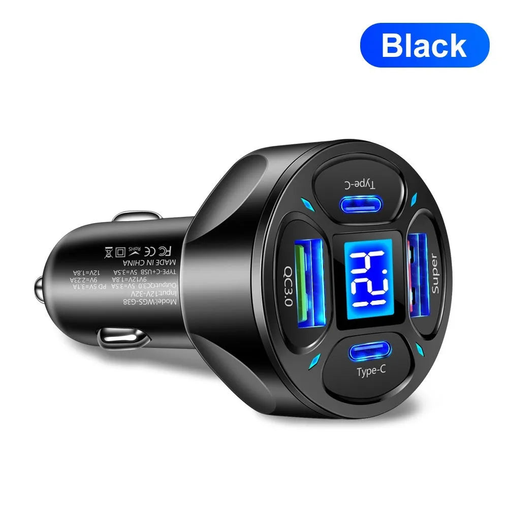 66W digital display car charger with two USB and two Type-C ports on a black background