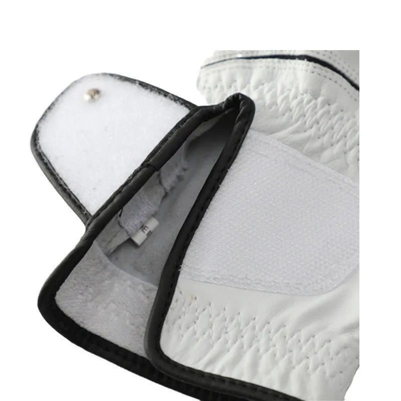 Men's white golf glove with half sheepskin palm for non-slip grip.