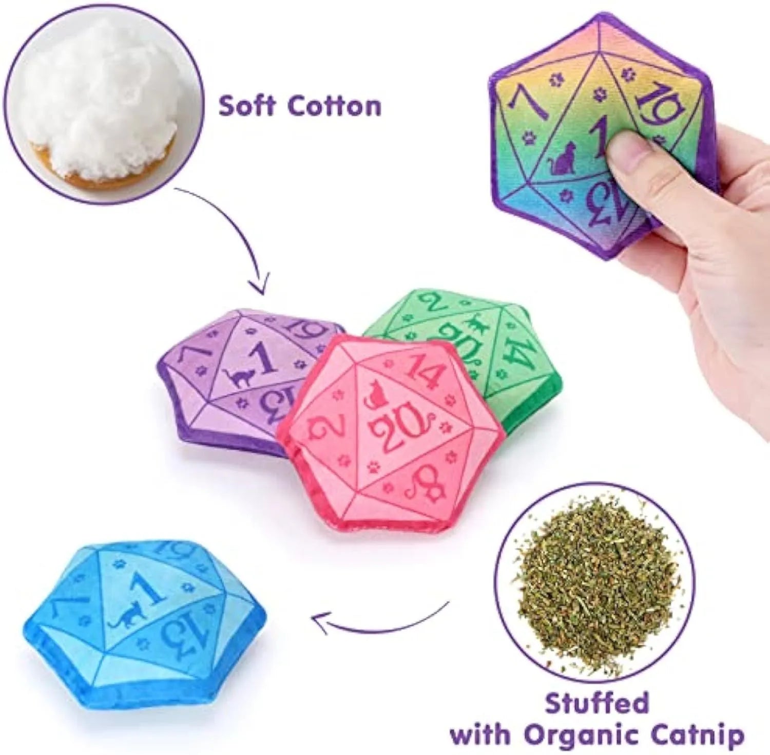 Dice-shaped catnip toy in four colour options for DND gaming cat play