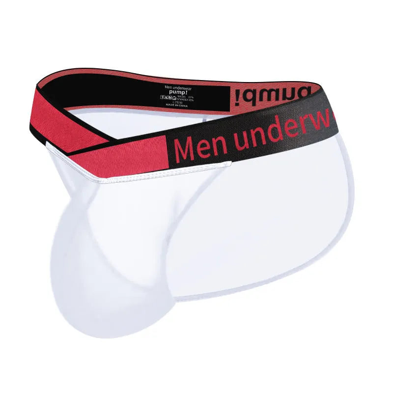 Men's black ice silk nylon briefs with low waist and V-gradient high fork design on a white background.