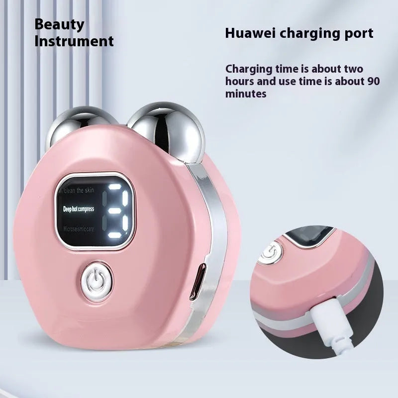 Portable white hot compress microcurrent facial massage instrument with two silver roller heads.