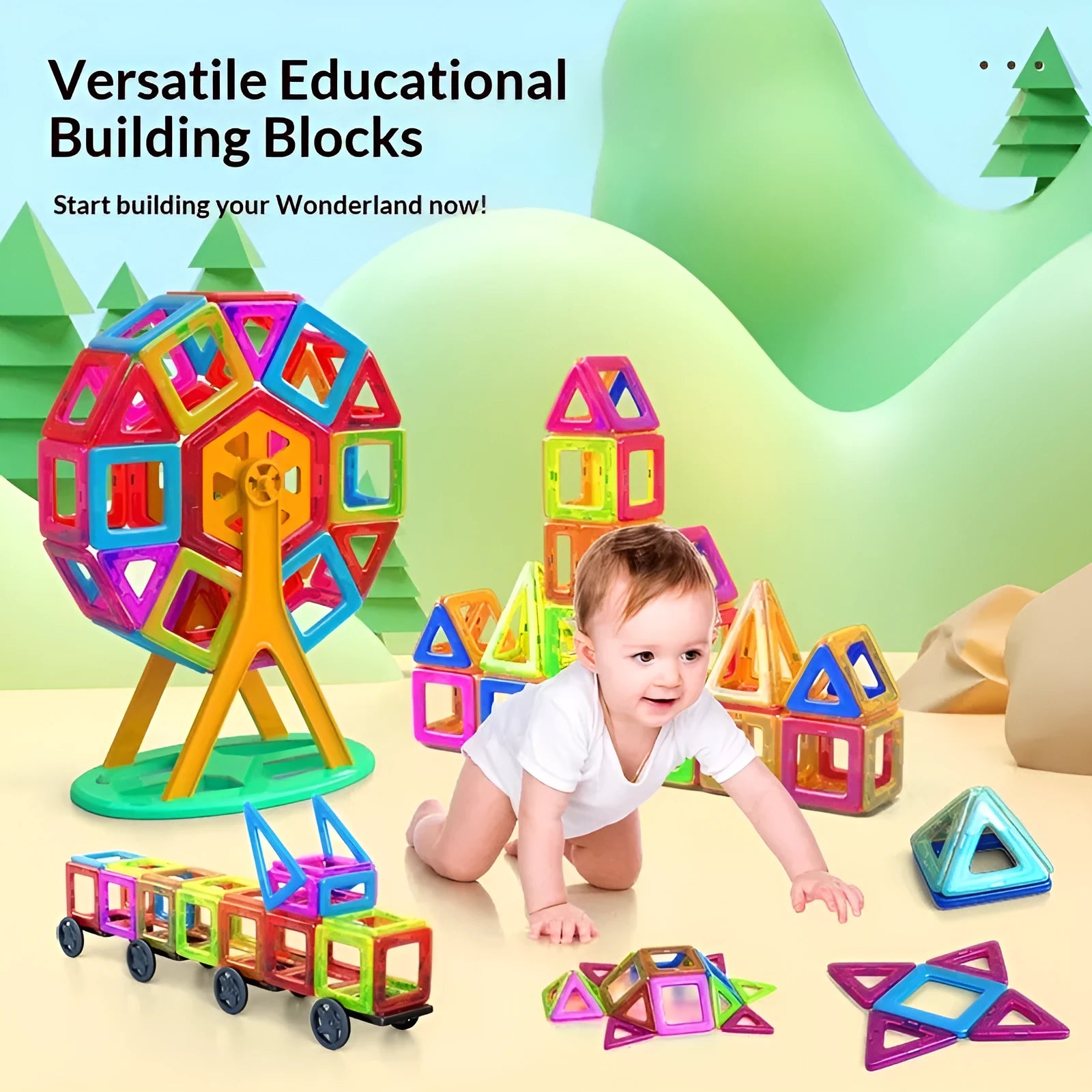 Magnetic building blocks set of plastic tiles in assorted colours for children ages 3-6