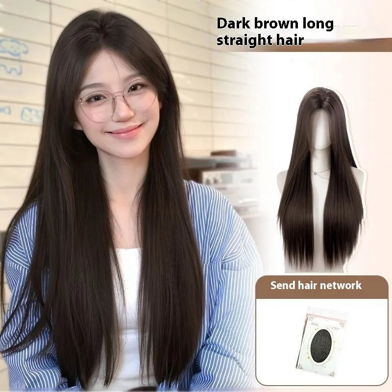 Natural black full-head forehead lace wig with straight mid-length hair displayed with comb, clip, bracket, and bottle.