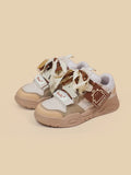 Women's white lace-up sports casual board shoes with flat heel and thick bottom sole