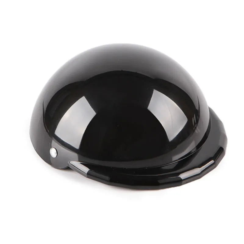 Plastic dog motorcycle-style helmet cap shown in multiple colours and sizes for small, medium, and large dogs.