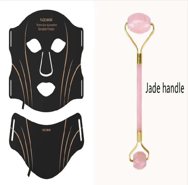 Black gold IPL LED facial mask device with headband and touch screen on a white background.