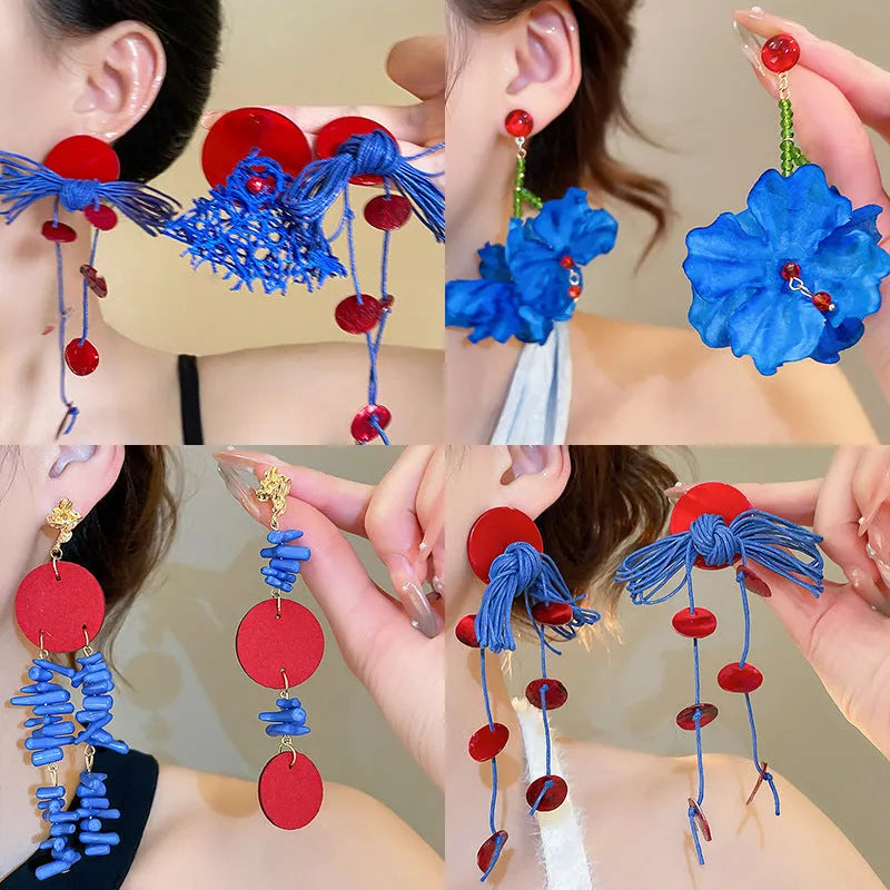 Handmade geometric cloth earrings with silver needle blue resin flower decoration
