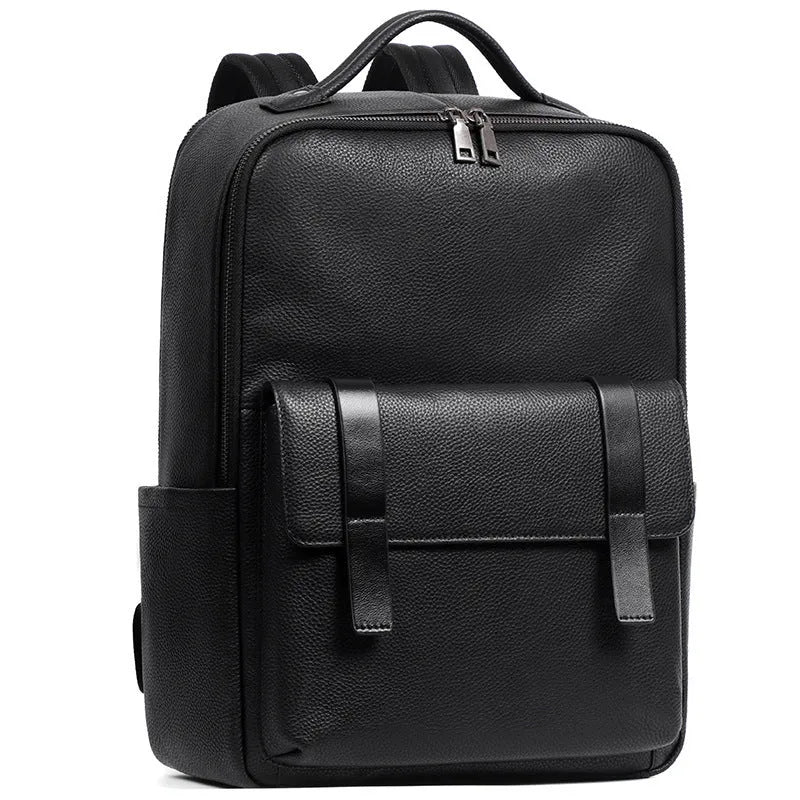 Black genuine leather men's computer backpack with a large main compartment.