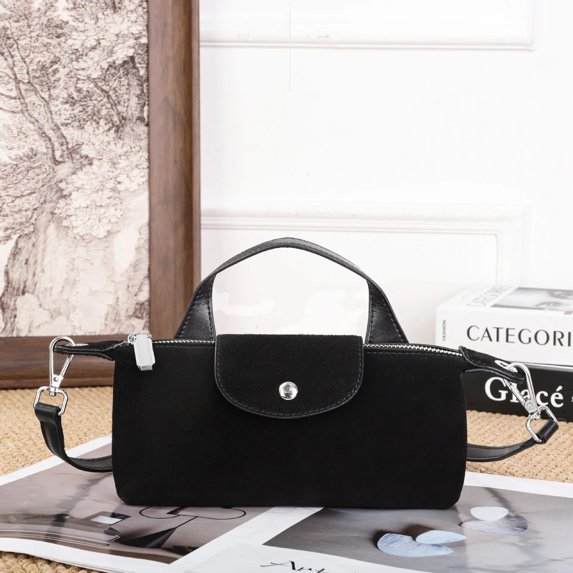 Women's genuine leather spliced dumpling crossbody bag with suede finish in six colour options