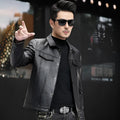 Men's black first layer cowhide leather jacket with polo collar, front view, on display