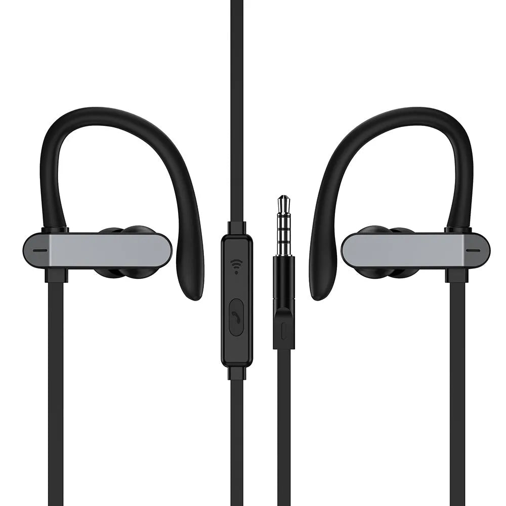 Black and blue sports earphones with flexible ear hooks and silicone gel earbuds for running and gym.