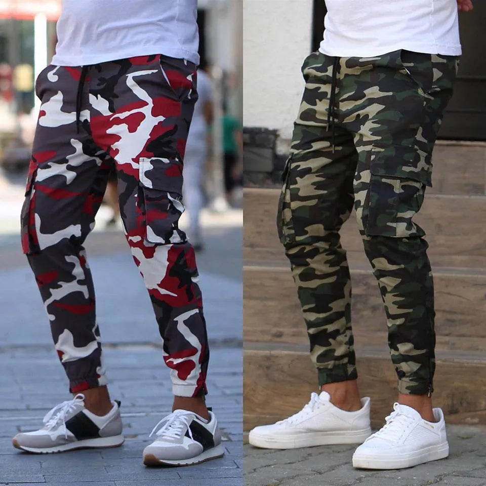 Men's casual camouflage pants with elastic waist and full-length polyester cargo style in blue and green colours