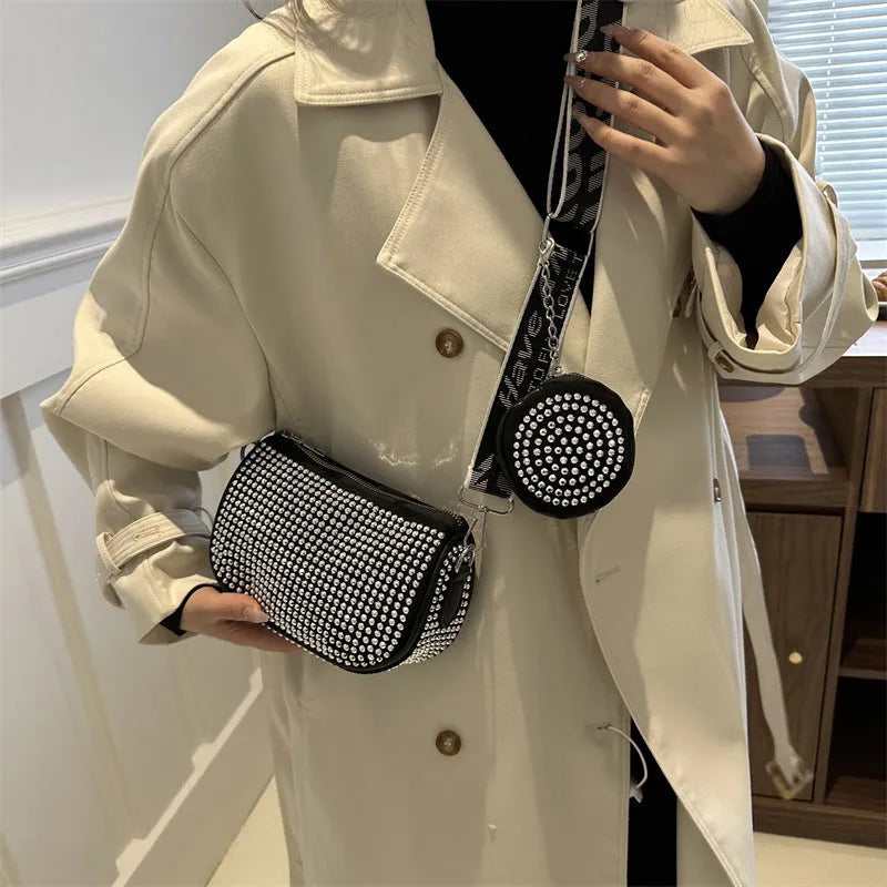 Rhinestone shoulder bag with small purse in black red white Oxford cloth dumpling shape