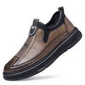 Men's black and brown leather casual shoes with round toe design displayed side by side