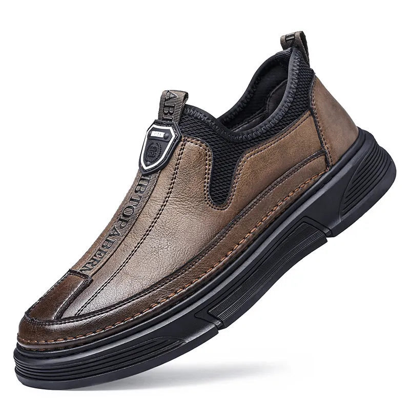 Men's black and brown leather casual shoes with round toe design displayed side by side