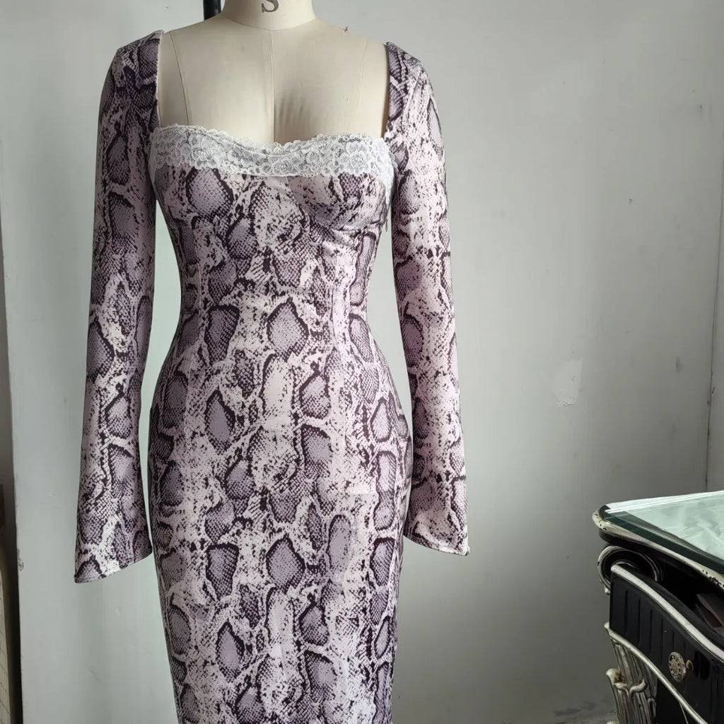 Grey slim fit lace dress with long sleeves, A-line skirt, and a 3D digital printed pattern.