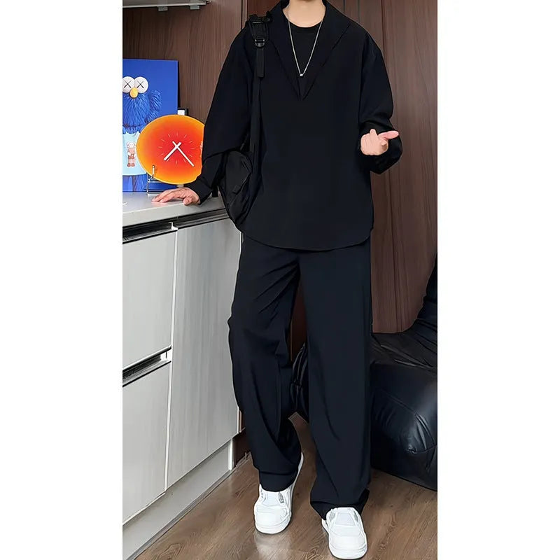 Men's black slim fit polo shirt and trousers two-piece casual set for autumn wear