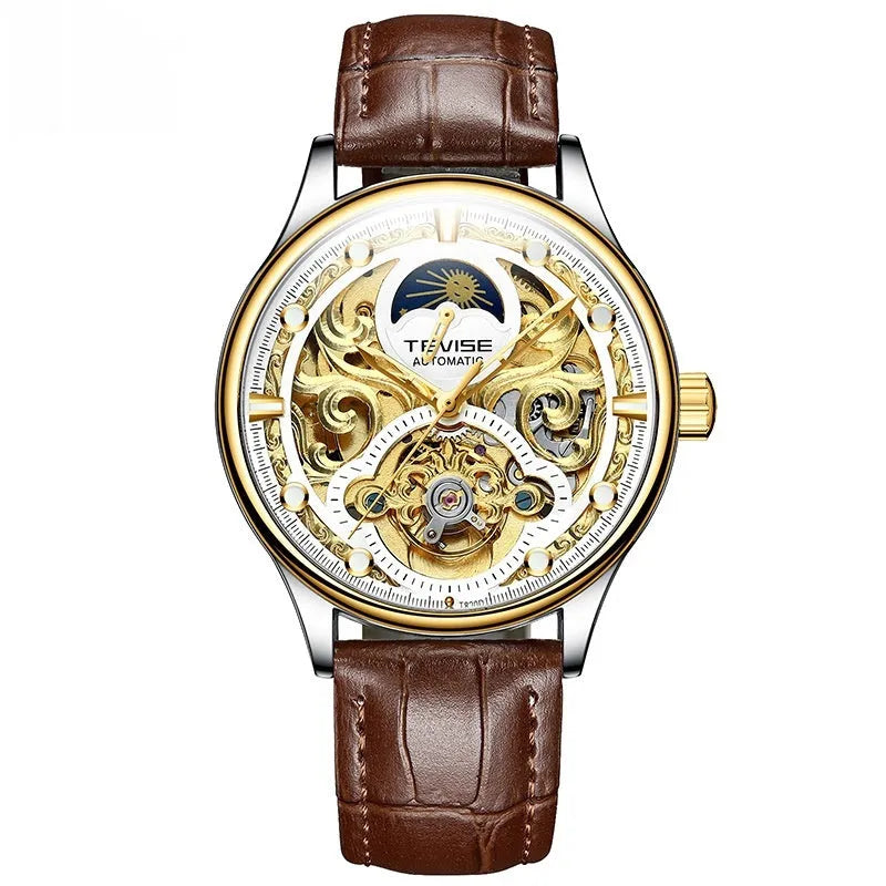 Men's gold leather strap automatic waterproof business watch with mechanical movement