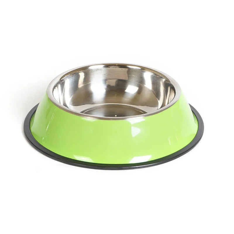 Stainless steel pet bowl with colourful melamine outer pot showing non-slip rubber base