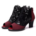 Women's black floral lace gladiator sandals with square high heel and peep toe design