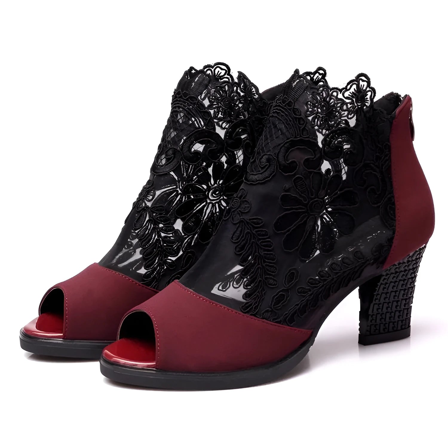 Women's black floral lace gladiator sandals with square high heel and peep toe design
