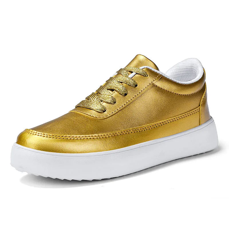 Women's white leather lace-up casual flat shoes on a solid background.