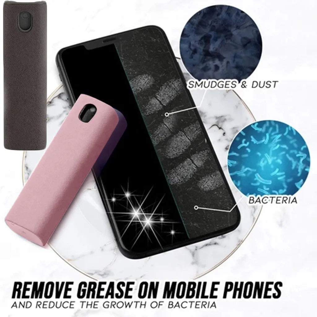 Small blue screen cleaner bottle with attached microfiber cloth on a table next to a smartphone