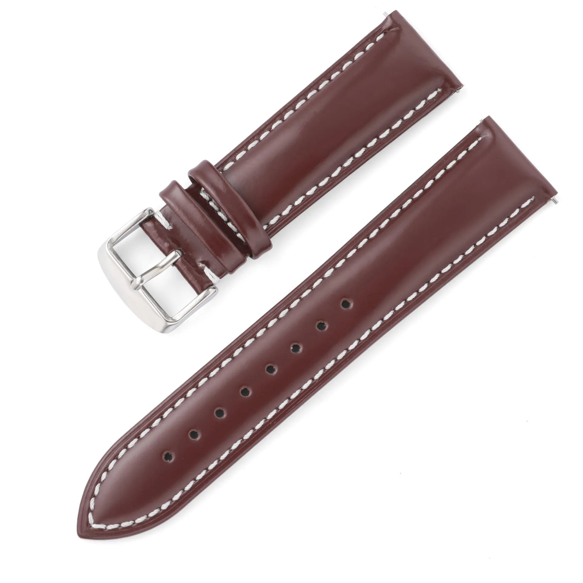 Quick release watch strap in cowhide leather showing buckle and multiple colour options including black, brown, and blue with white thread.